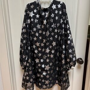Lena Black and Silver Stars Shift Dress with Keyhole Open Back, Size Large